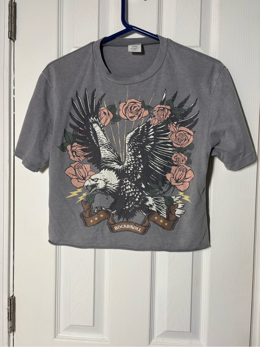 No Boundaries Gray Eagle & Rose Graphic Cropped Tee